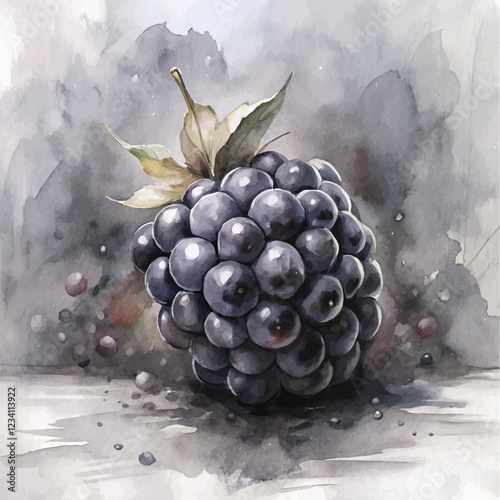A stunning watercolor composition of fresh Blackberries on a branch with green leaves