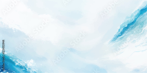 Abstract watercolor ocean waves in soft blue and white hues, blending fluid layers of tropical waves to create a serene yet dynamic wave texture with a cartoon-inspired tsunami effect.
