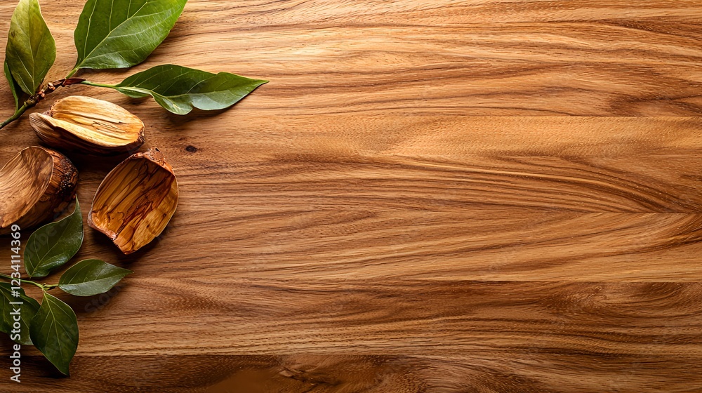 Brown Wooden Background with Green Leaves and Nutshells Brown Wooden Background with Green Leaves and Nutshells