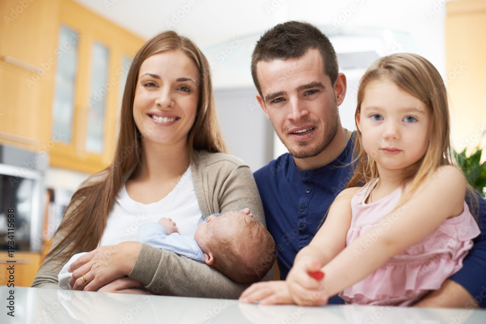 Happy family, portrait or baby with child in home for love, security or bonding together. Dad, mom or parents with kids siblings on living room with support, protection and newborn infant in Canada Happy family, portrait or baby with child in home for love, security or bonding together. Dad, mom or parents with kids siblings on living room with support, protection and newborn infant in Canada