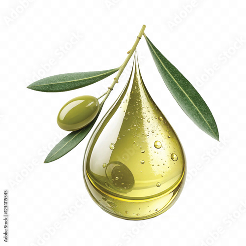 abstract 3d fresh olive oil drop with olive fruit and leaf Isolated on white background.	
