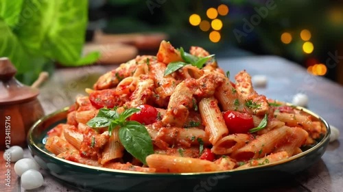 Pasta in plate with sauce, Pasta Serving in plate on table in kitchen room