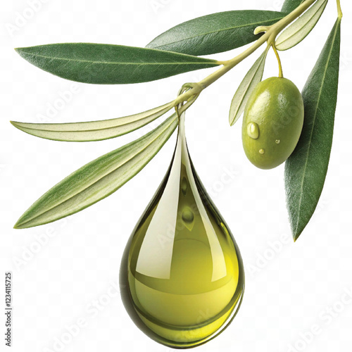 abstract 3d fresh olive oil drop with olive fruit and leaf Isolated on white background.	
