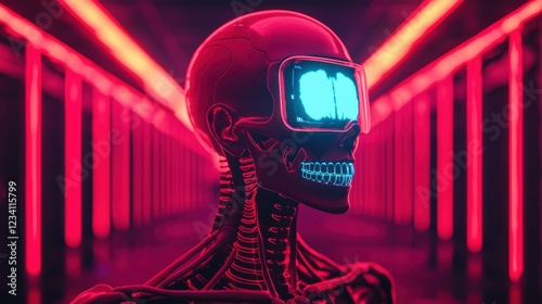 Eerie Skeleton Illuminated by Sinister Red Light in Dark Setting Creating a Haunting and Mysterious Atmosphere