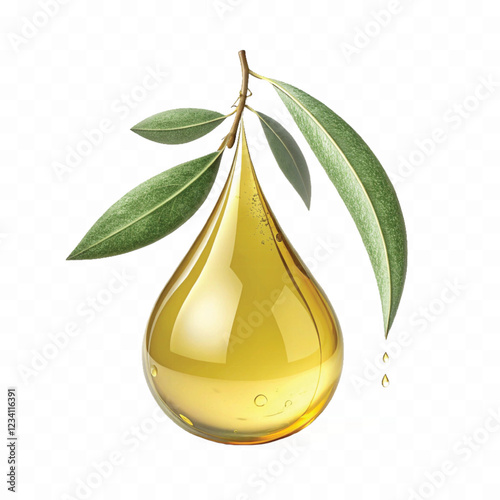 abstract 3d fresh olive oil drop with olive fruit and leaf Isolated on white background.	
