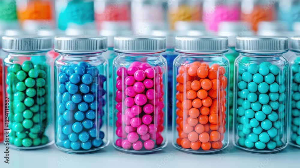 Vibrant Array of Colorful Pills Displayed in a Transparent Glass Jar Capturing the Essence of Health and Wellness