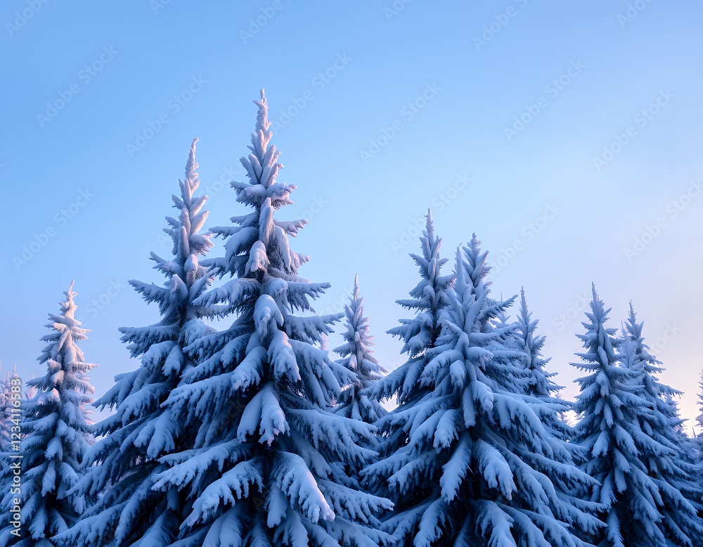 Obraz premium Serene Winter Wonderland: Snow-Covered Pine Trees Against a Clear Blue Sky