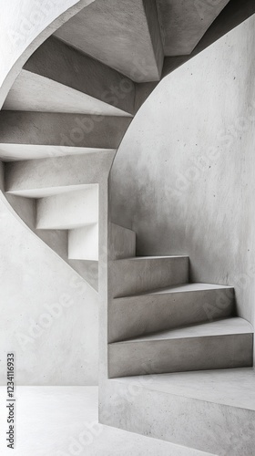 spiral concrete staircase curving upward in a modern minimal interior with soft grey tones and open space copyspace concept of architecture design firm