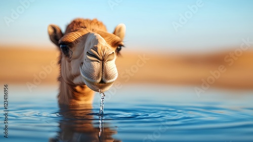 Camel Drinking Water in Desert