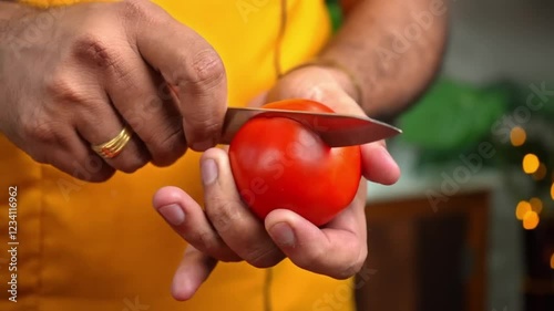 Tomato cutting with knife in kitchen room fron View