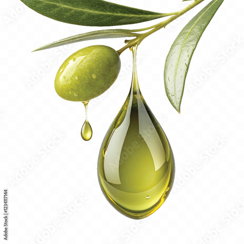 abstract 3d fresh olive oil drop with olive fruit and leaf Isolated on white background.	
