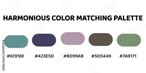 This harmonious color palette combines cool and earthy tones for a balanced and sophisticated look. soft teal, deep indigo, dusty pink, muted grey, olive green. Enhance the natural. 136.