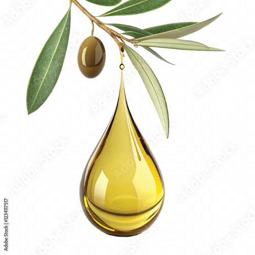 abstract 3d fresh olive oil drop with olive fruit and leaf Isolated on white background.	
