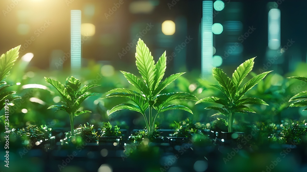 Fototapeta premium Cannabis Plants Growing in a Futuristic City Setting