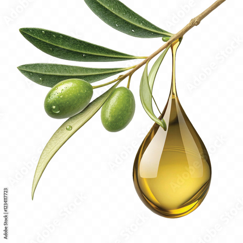 abstract 3d fresh olive oil drop with olive fruit and leaf Isolated on white background.	
