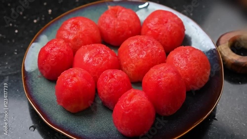 Boil tomato in plate on table