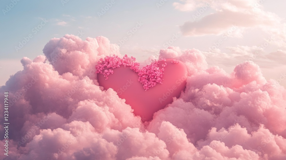 Heart shaped cloud decorated with blossoms floating in a dreamy sky at sunset