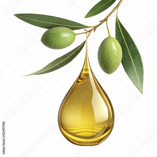 abstract 3d fresh olive oil drop with olive fruit and leaf Isolated on white background.	
