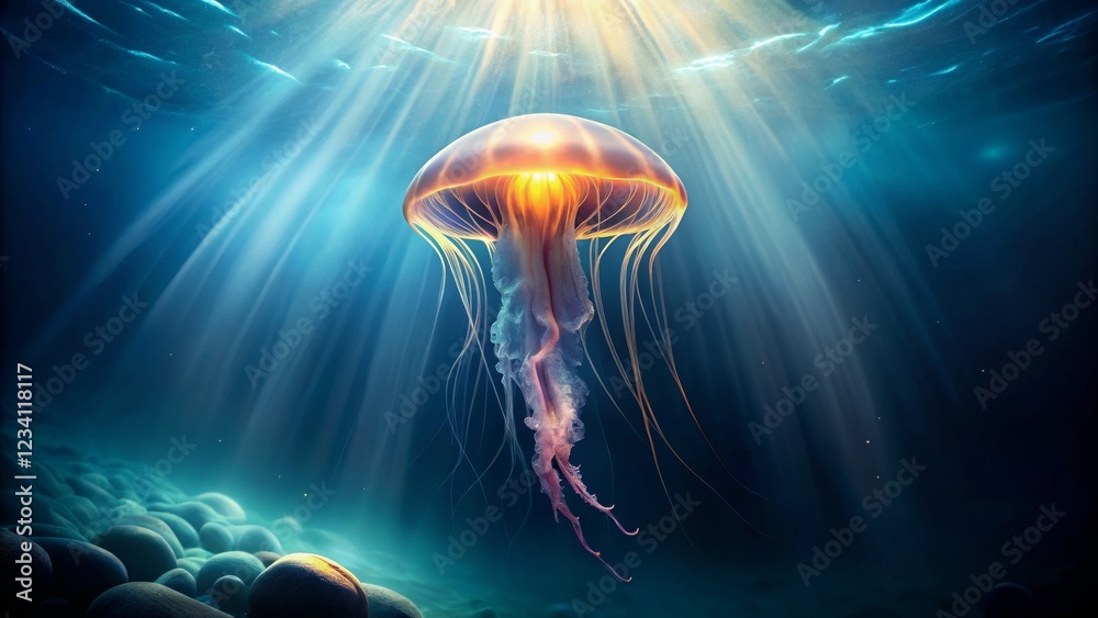 Naklejka premium Elegant Jellyfish Floating Gracefully in Crystal Clear Deep Ocean
