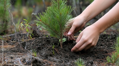 Wallpaper Mural Reforestation concept showing hands planting a pine tree in a forest, symbolizing nature regeneration and environmental management Torontodigital.ca