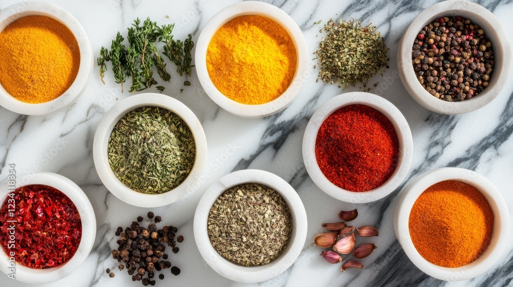 Colorful spices in small bowls arranged on a marble countertop Colorful spices in small bowls arranged on a marble countertop