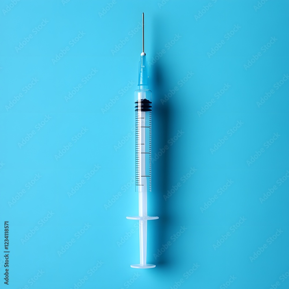 Disposable syringe with a protective cap on its needle isolated on a minimalist background ready for accurate medical use Disposable syringe with a protective cap on its needle isolated on a minimalist background ready for accurate medical use