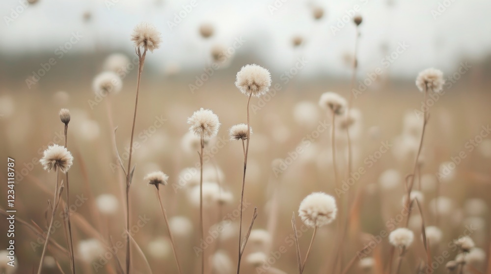 Soft focus image of fluffy white seed heads in a field.