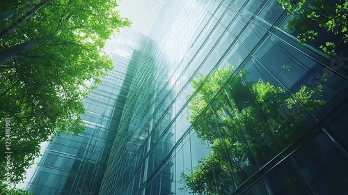 A high-rise building with glass facades, reflecting the sky and surrounding green trees.