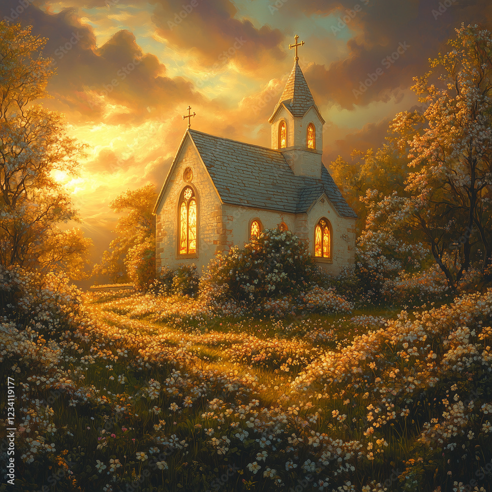 Charming church at sunset surrounded by blooming flowers Charming church at sunset surrounded by blooming flowers