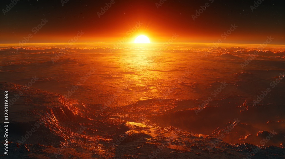 Fototapeta premium Fiery Sunset over a Distant Planet: A breathtaking panorama of a sunset over an alien landscape, showcasing vibrant orange and red hues, and a vast expanse of mountainous terrain.