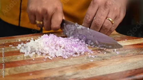 Onion cutting on board in kitchen room Top view
