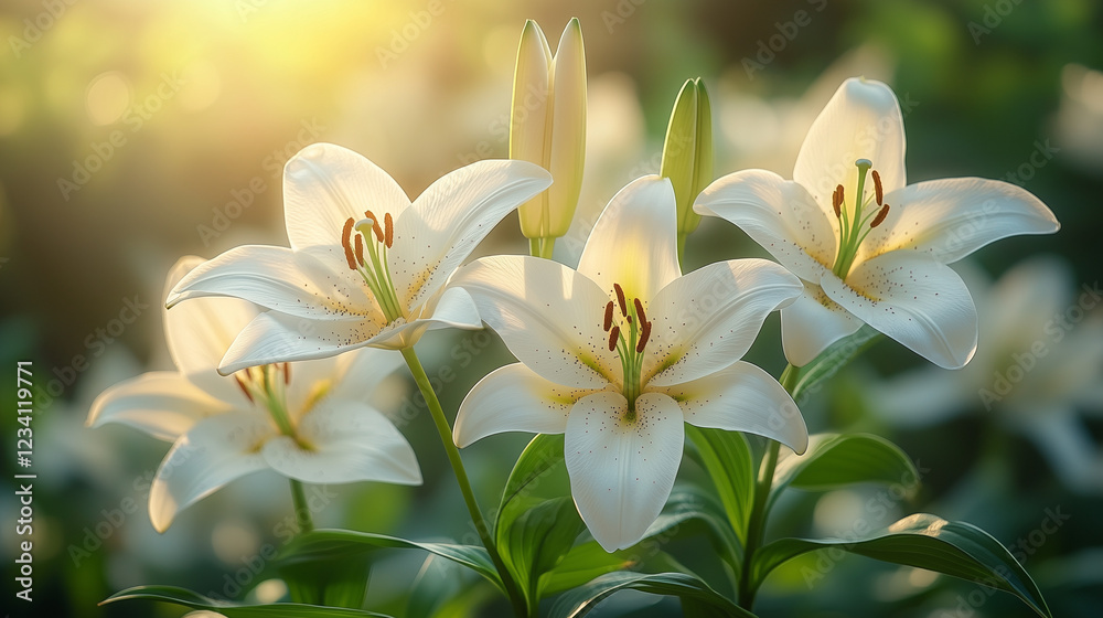 Obraz premium White lilies blooming in sunlight