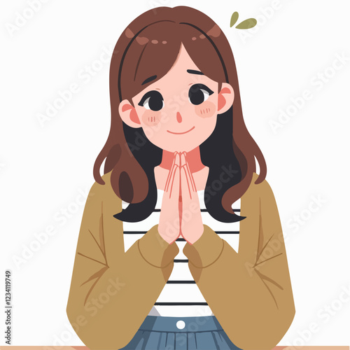 Happy Young Woman with Folded Hands Expressing Gratitude Illustration