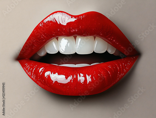 a pair of lips with bright red lipstick and glossy, white teeth. The background is a solid, light color, which contrasts with the vibrant red lips.