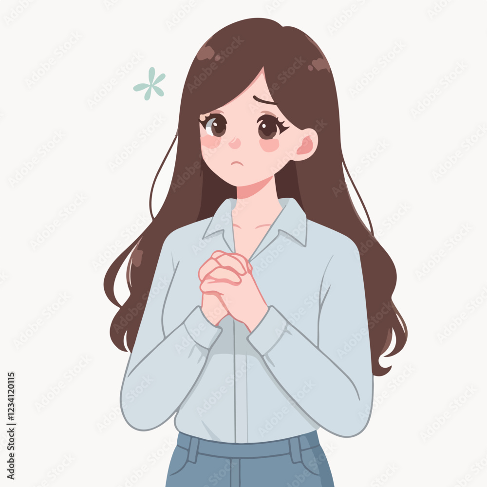 Worried Young Woman Clasping Hands in Prayer Illustration Worried Young Woman Clasping Hands in Prayer Illustration
