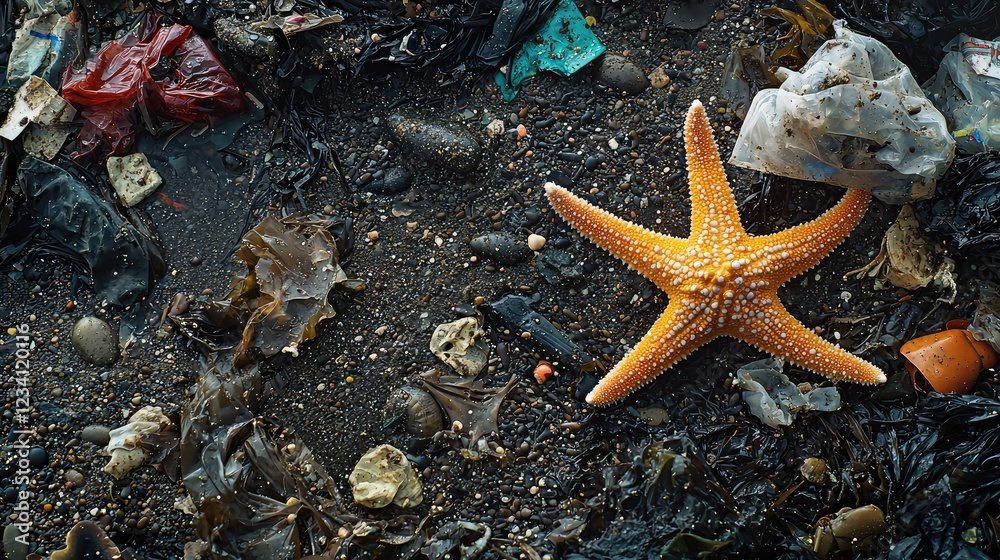 Mesmerizing Starfish Amidst Colorful Garbage and Seaweed in a Wide Angle Shot Mesmerizing Starfish Amidst Colorful Garbage and Seaweed in a Wide Angle Shot