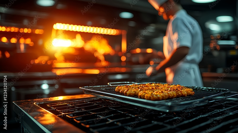 Chef Preparing Grilled Food in a Restaurant Kitchen Chef Preparing Grilled Food in a Restaurant Kitchen