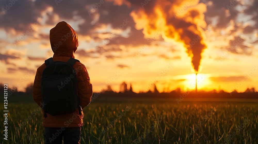 Child Watching Sunset Over Industrial Landscape Child Watching Sunset Over Industrial Landscape