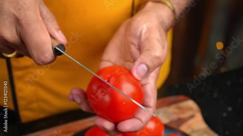 Tomato cutting with knife in kitchen room Close view