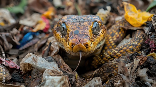 Close-Up of a Taipan Snake Amongst Garbage in a Wide Angle Nature Shot photo