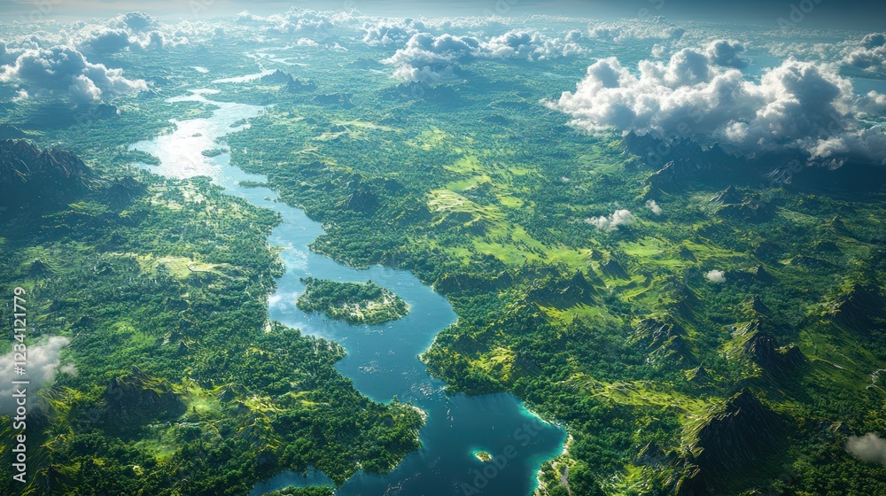 Aerial View of a Serene River Winding Through Lush Green Mountains and Clouds Aerial View of a Serene River Winding Through Lush Green Mountains and Clouds
