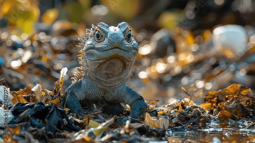 Tuatara Amidst Littered Habitat: A Wide Angle Shot of Nature's Resilience Against Pollution photo