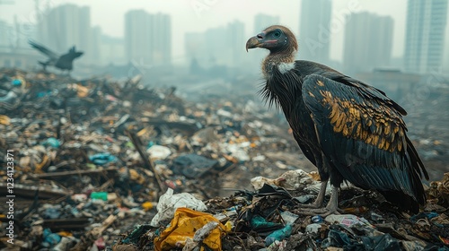 Vulture Observing Garbage Dump with Urban Background in Wide Angle Shot