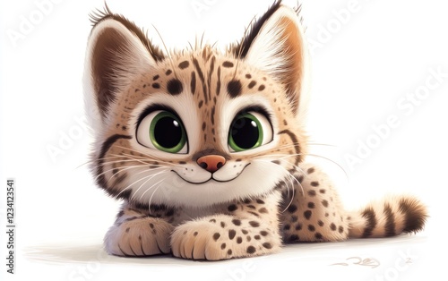 Cute cartoon bobcat kitten lying down, white background, children's book illustration