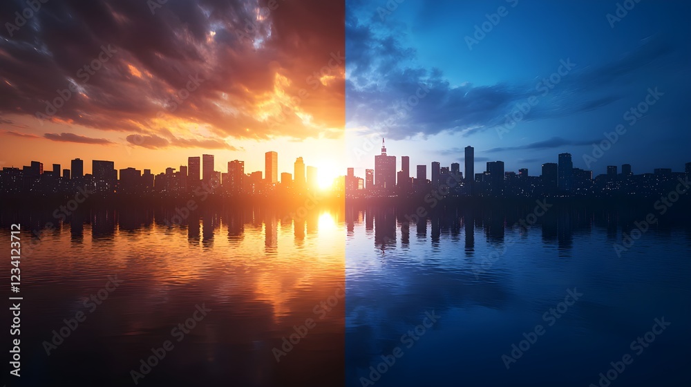 Fototapeta premium City Skyline at Sunset and Night