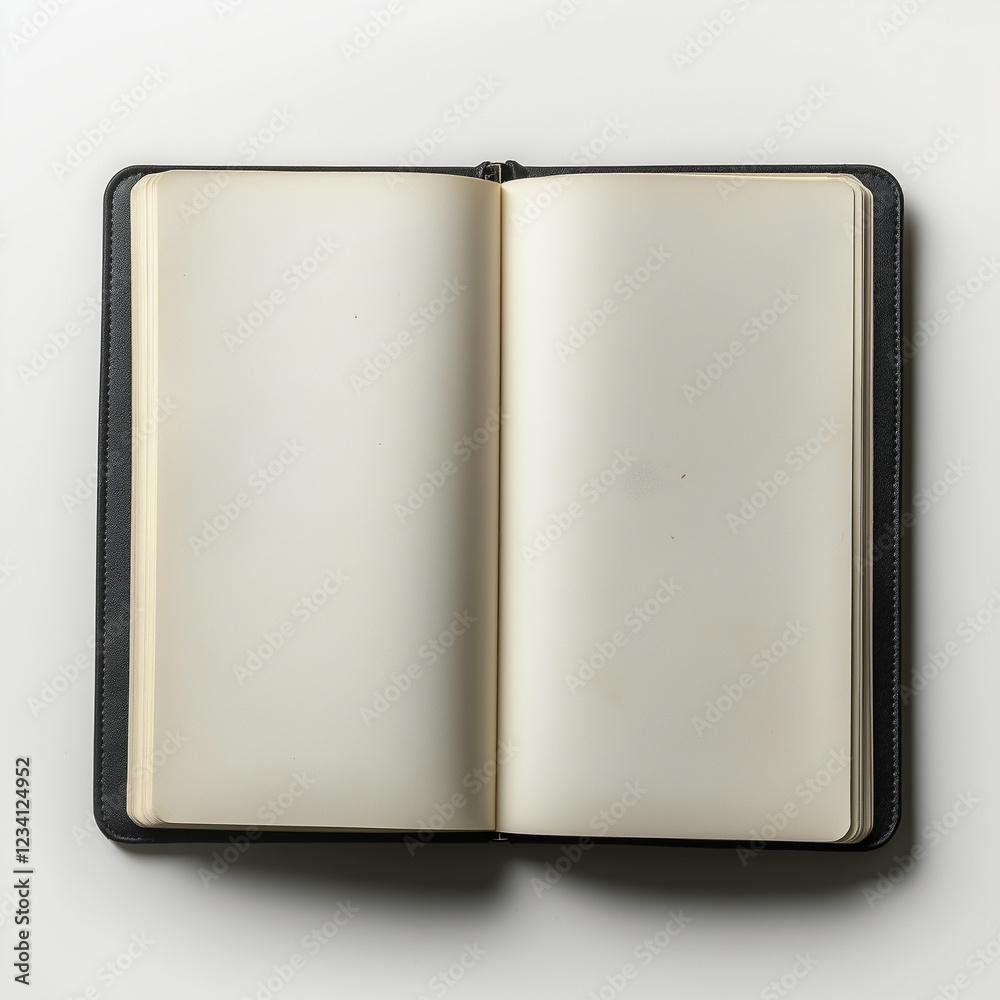 Open black notebook with blank white pages on top, white background, top view. Open black notebook with blank white pages on top, white background, top view.