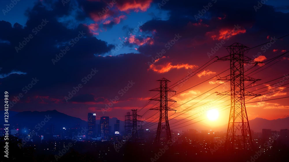 Fototapeta premium Cityscape Silhouette at Vibrant Sunset