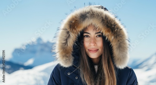 Young hispanic female in winter coat with fur hood in snowy mountain landscape photo