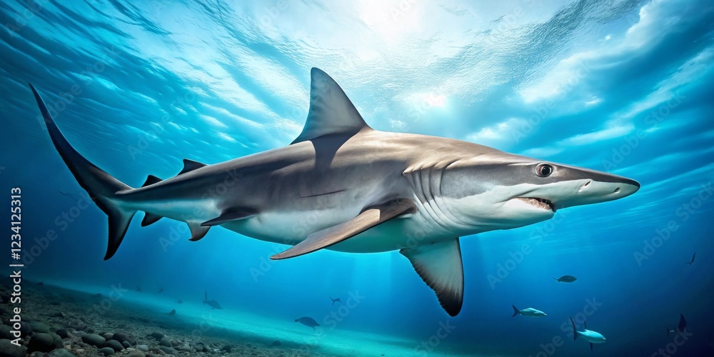 Fototapeta premium Majestic Shark Gliding Through Crystal Clear Ocean Waters