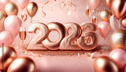 2026 new year celebration, ultra realistic template, luxurious gold theme, shimmering decorations, golden balloons, elegant lighting, creative digital art, festive party, stock image photo